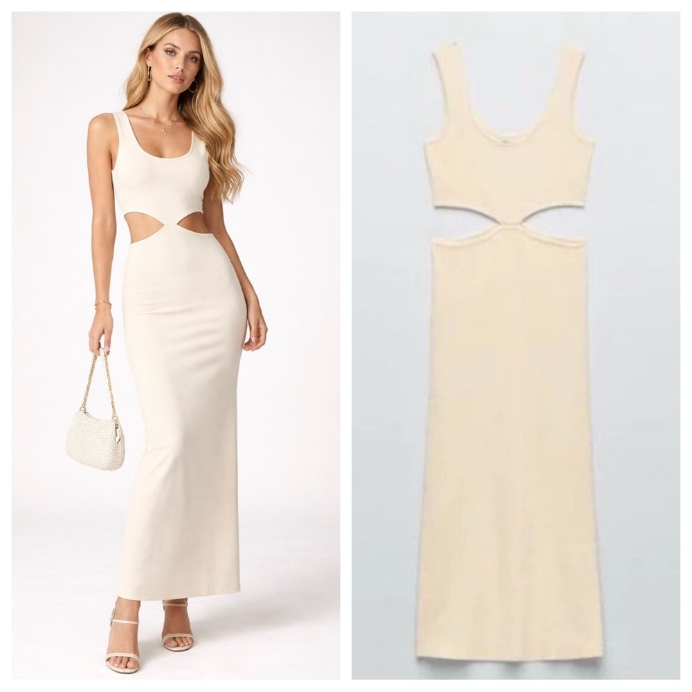 Zara Cream Cut Out Knit Midi Dress Size Large 23948.